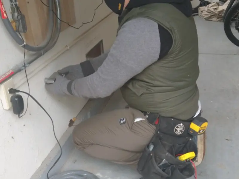 Electrician performing outlet wiring in a Bedford garage